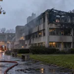 Pożar wydziału filologicznego uniwersytetu w Rouen – zniszczona fasada i duża część dachu budynku w Mont-Saint-Aignan