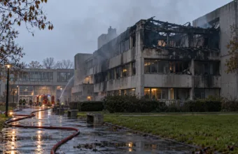 Pożar wydziału filologicznego uniwersytetu w Rouen – zniszczona fasada i duża część dachu budynku w Mont-Saint-Aignan