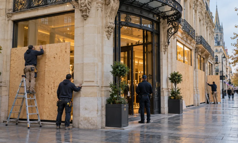 Galeries Lafayette w Bordeaux znów otwarte po grabieży – drewniane osłony na witrynach i ochrona przez całą dobę
