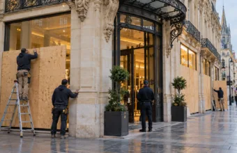 Galeries Lafayette w Bordeaux znów otwarte po grabieży – drewniane osłony na witrynach i ochrona przez całą dobę