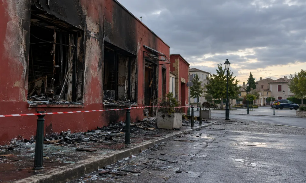 Quetigny pod Dijonem po nocy grabieży – splądrowany Carrefour, tabak i restauracja, spalony budynek centrum socjalnego