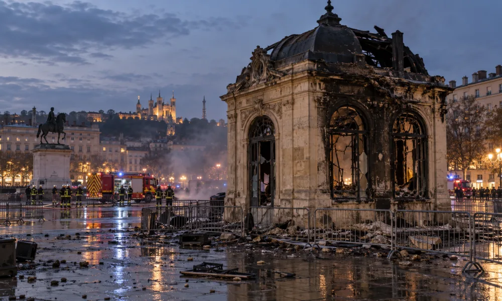 Lyon: zabytkowy pawilon informacji turystycznej na placu Bellecour spłonął podczas protestów – strażacy nie mogli dojechać