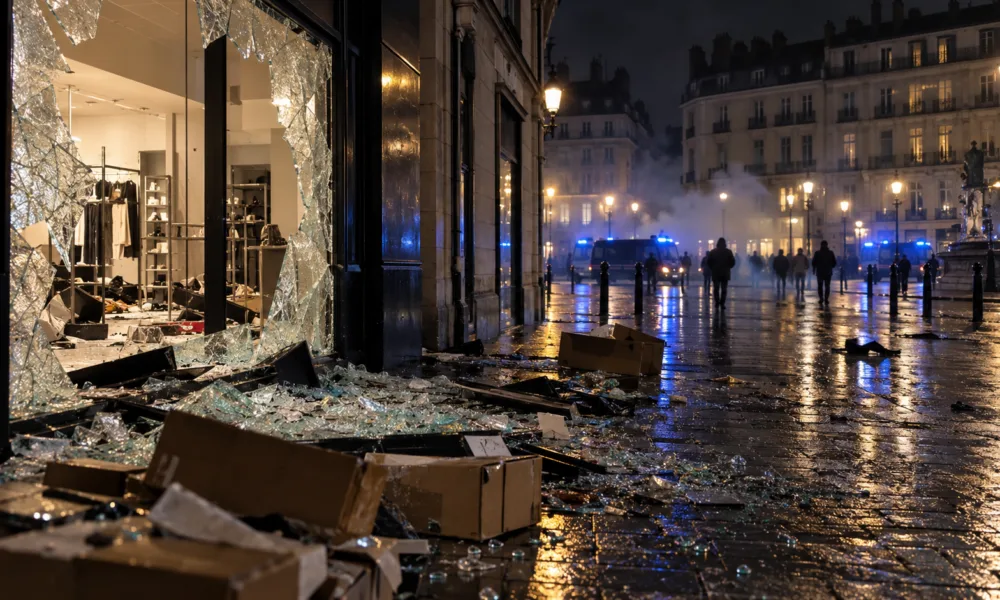 Nantes: splądrowane sklepy Fnac i Foot Locker na placu Commerce podczas protestu 17 października – w centrum gaz łzawiący i opancerzone wozy Centaure