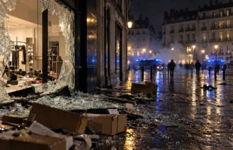 Nantes: splądrowane sklepy Fnac i Foot Locker na placu Commerce podczas protestu 17 października – w centrum gaz łzawiący i opancerzone wozy Centaure